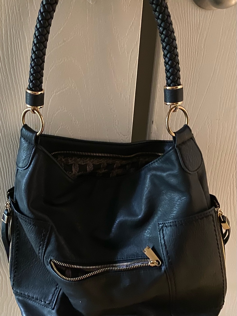 Black Leather Shoulder Bag with Braided Handle